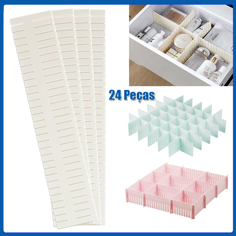 Kit com 24 Organizadores de Gaveta  em Plástico Divisórias e Modulares para Roupas Talheres e Acessórios