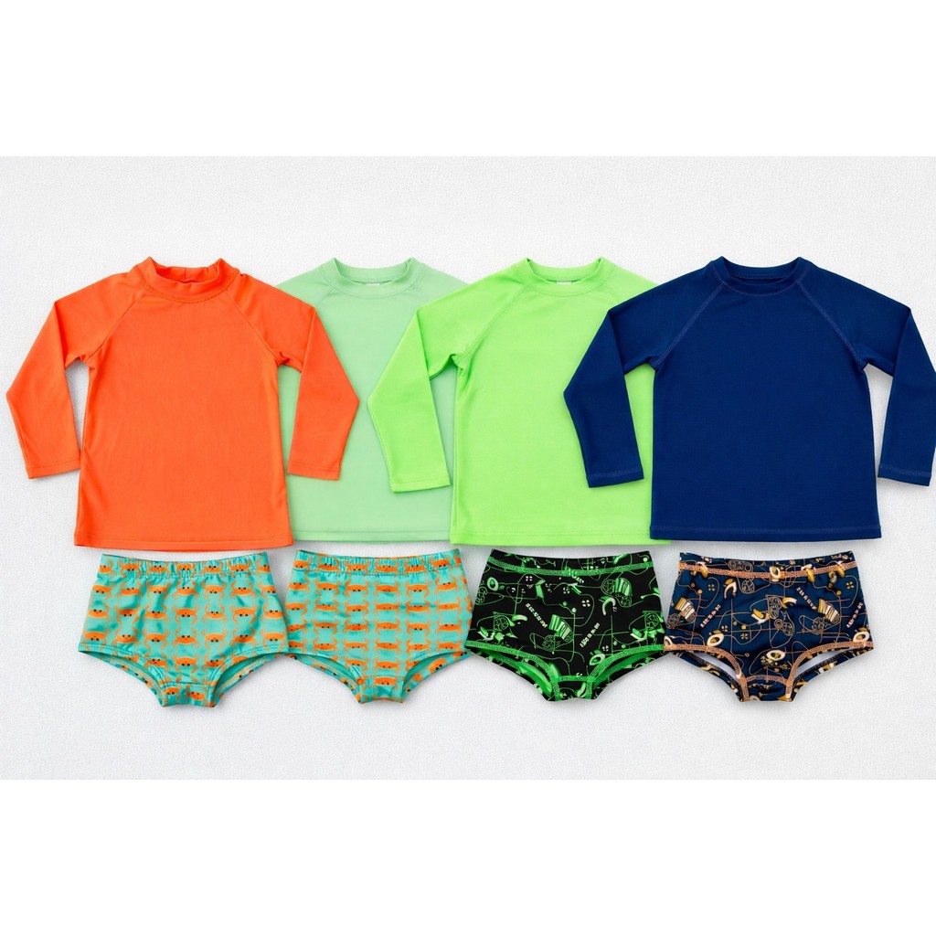 Kit 6 Peças Conjunto Sunga Boxer Infantil E Blusa Térmica Proteção Solar UV 50+ Menino Juvenil Moda Praia