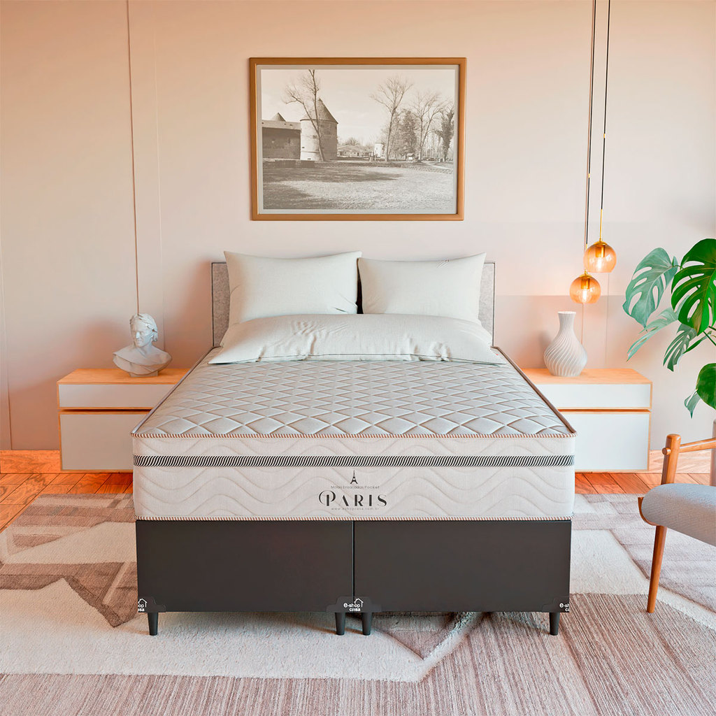 Cama Box Casal Bipartido Couro Preto + Colchão Paris Branco