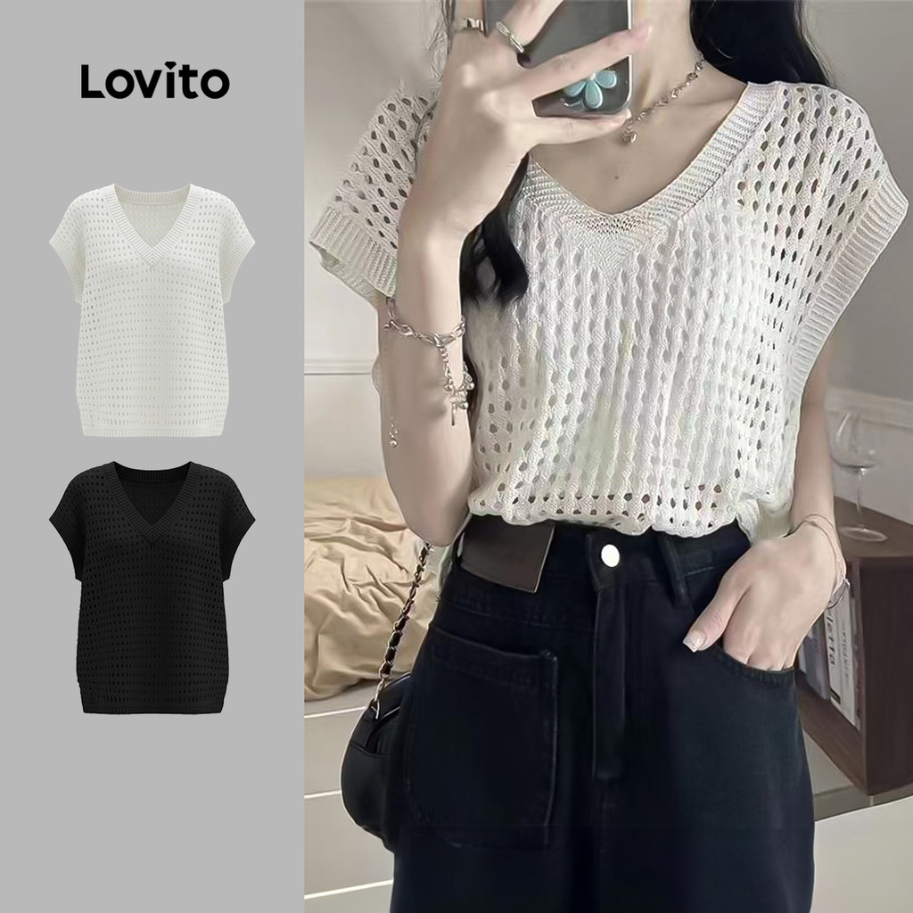 Lovito  Casual Knit Top Padrão Oco Transparente Primavera/verão Top de Malha Branco para mulheres LNE134118