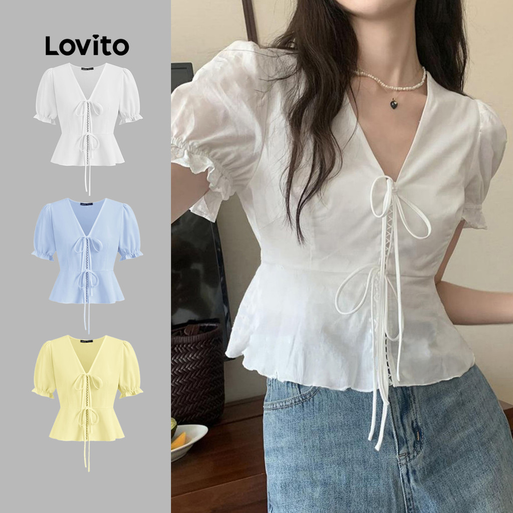 Lovito Blusa Casual Lisa Com Cadarço Blusa De Verão Para Mulheres L123ED063 em Oferta na Shopee