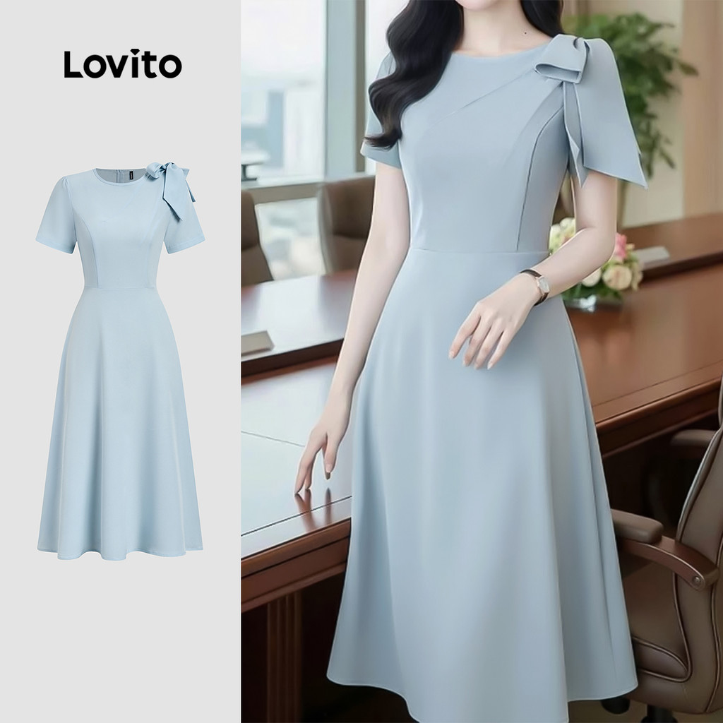 (Elegante) Lovito Vestido Azul Primavera/verão Formal/casamento/dama de Honra co