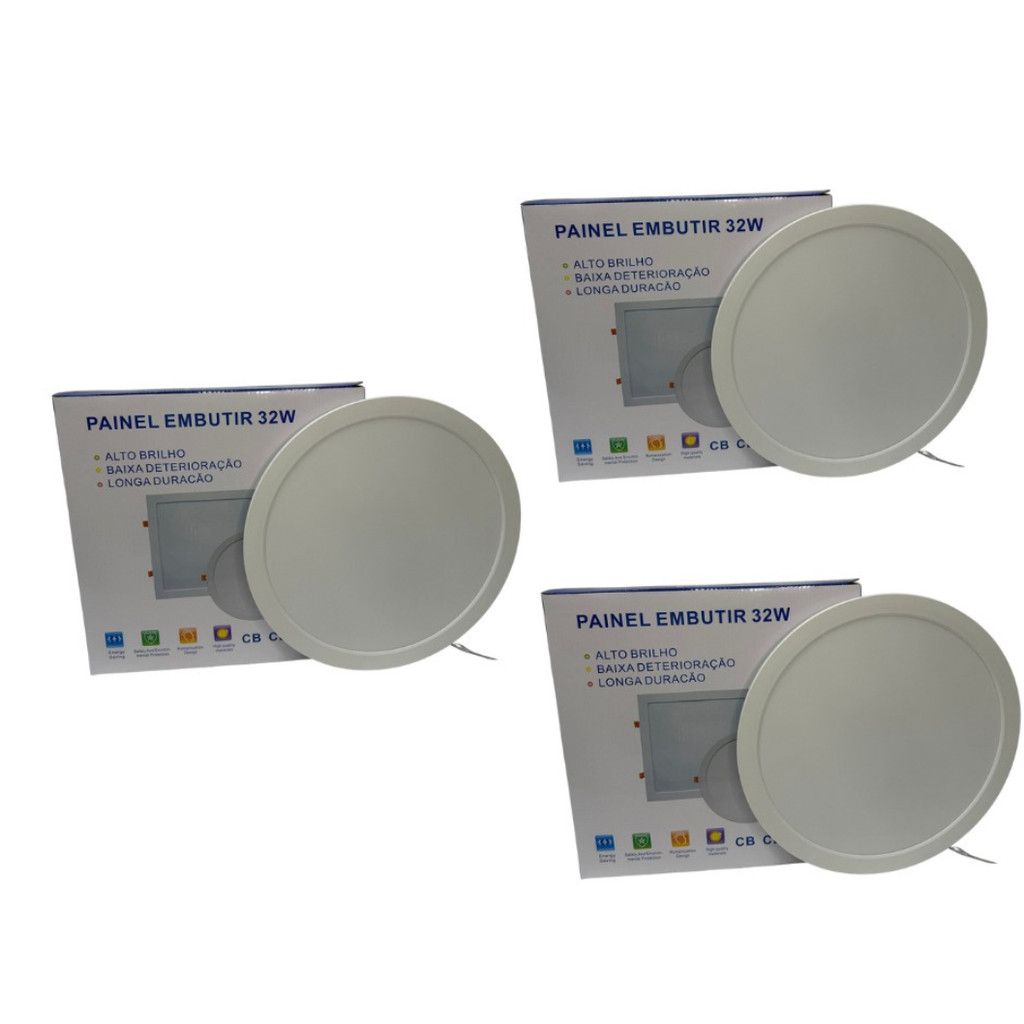 KIT 3 Luminária Plafon LED 32w Redondo Embutir Branco Frio 6500k/Neutro 4000k de PVC bivolt Pop 1ª Linha Promoção