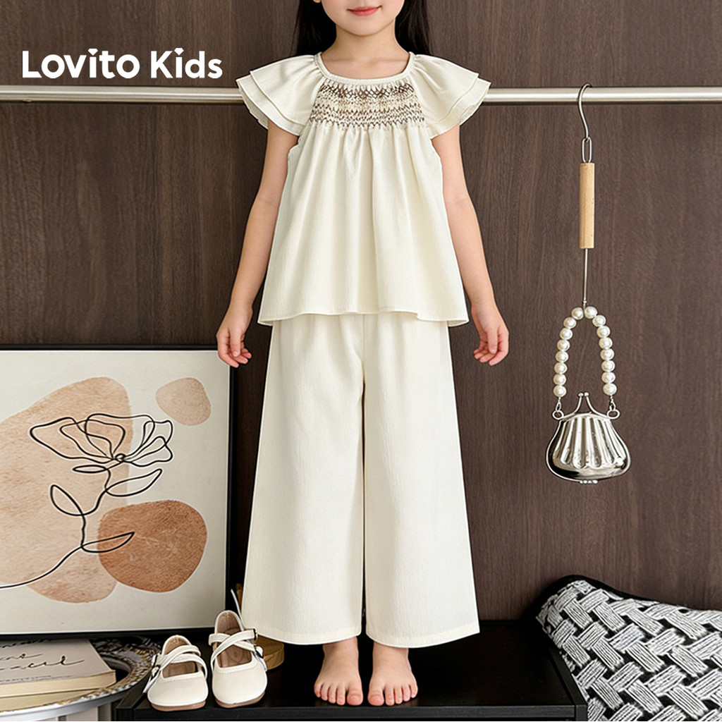 Lovito Kids Blusa Smocked com Pregas Conjuntos de Calças Off White Primavera/verão para Meninas. LNL132389 em Oferta na Shopee