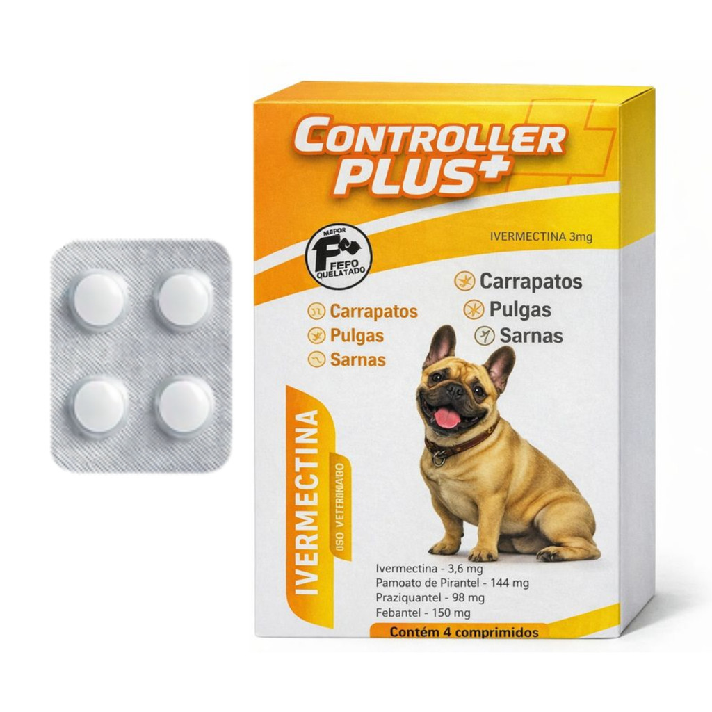 Ivermectina 3mg P/ Cães de 7,5kg a 15kg - 4 Comprimidos Controller Plus - Combate Carrapato Sarna Pulga Verme em Oferta na Shopee