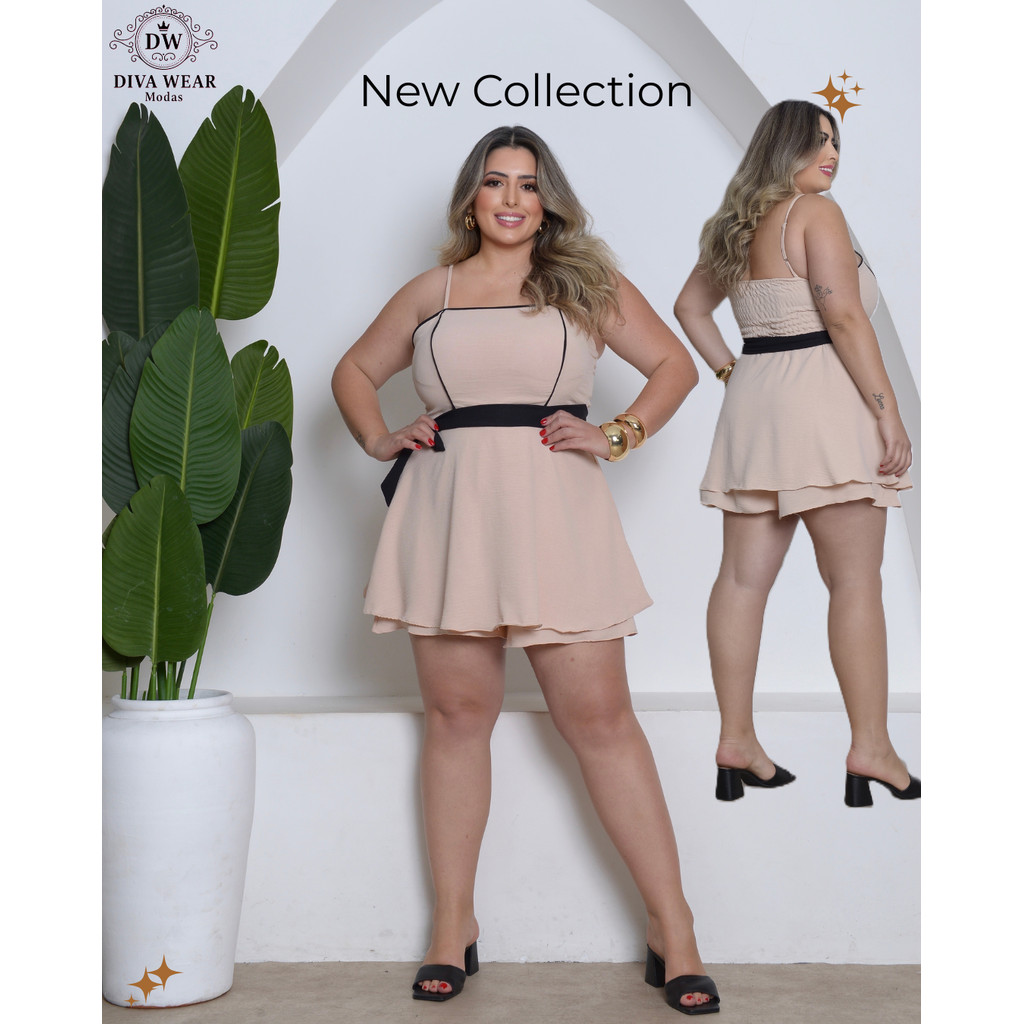 Macaquinho Curto Soltinho Acinturado Tamanho Único Plus Size  com Alcinha Regulável com Bojo Short Saia - Nude