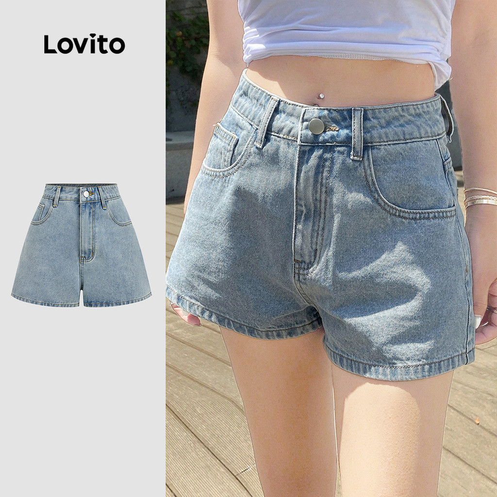 Lovito  Shorts de Ganga Casuais com Zíper Nos Bolsos Shorts de Ganga Azul Claro Primavera/verão para Mulheres. L178LD161 em Oferta na Shopee