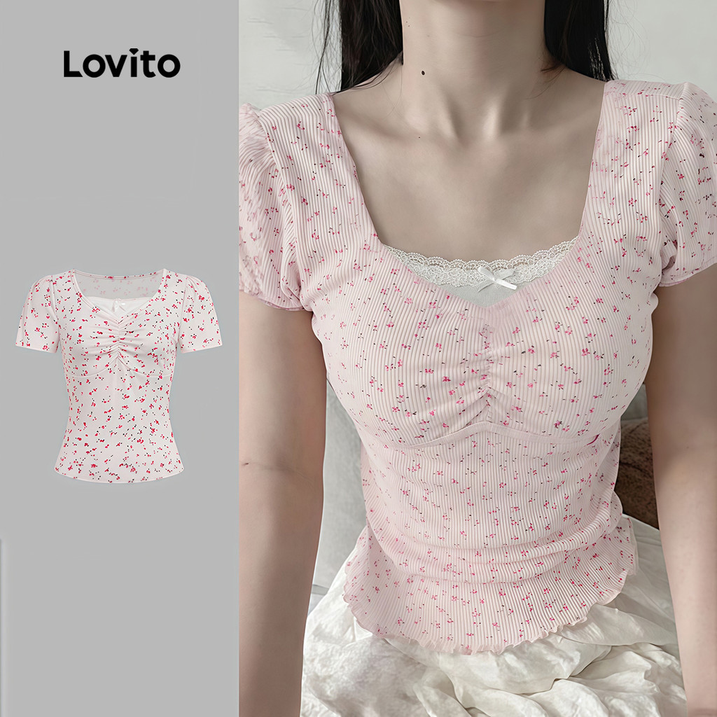 Lovito Camiseta Fofa Falsa 2 em 1 Primavera/verão Rosa para Mulheres LK2AD438 em Oferta na Shopee