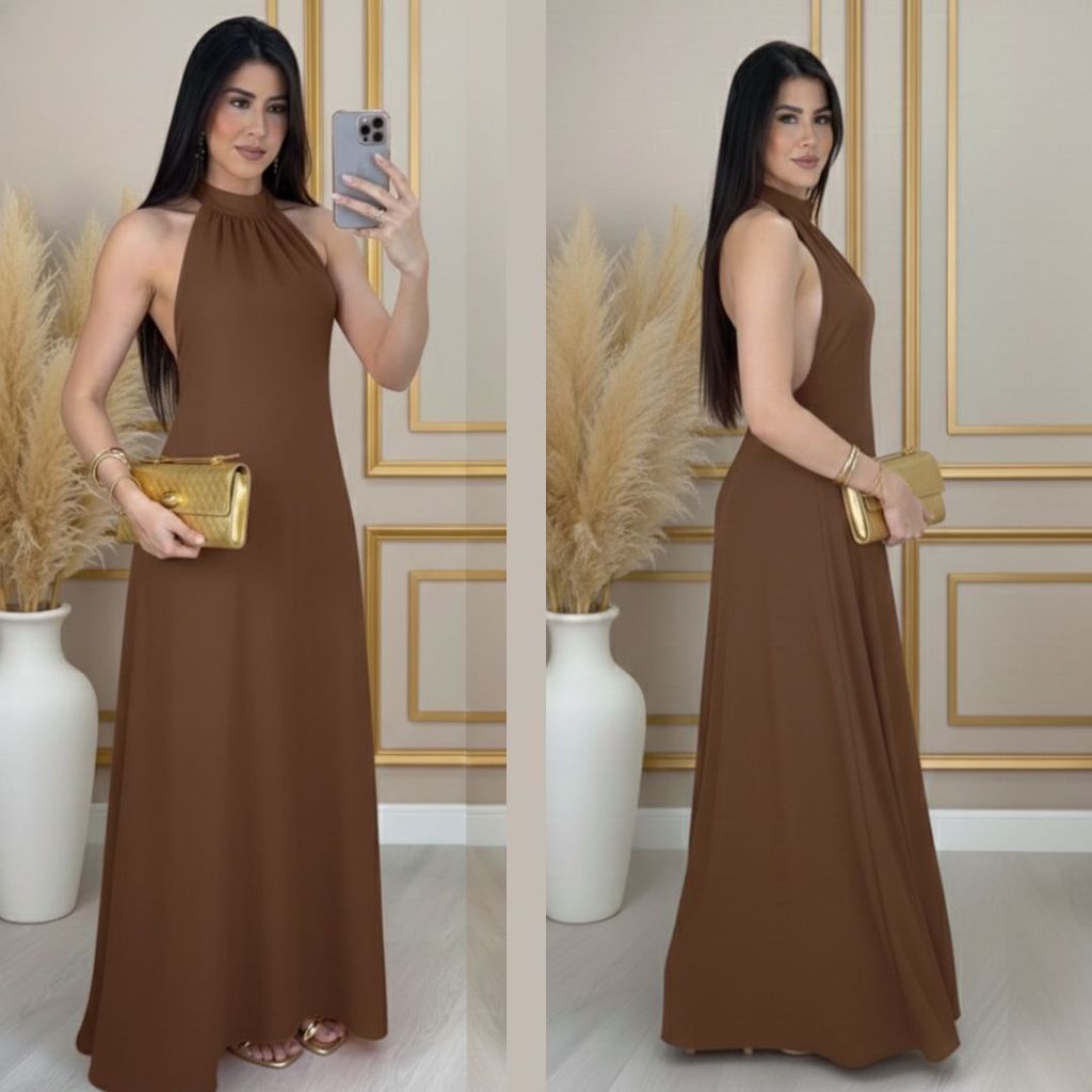 Vestido Longo Elegante Frente Única Gola Alta Costa Nua Para Festa Evento Verão