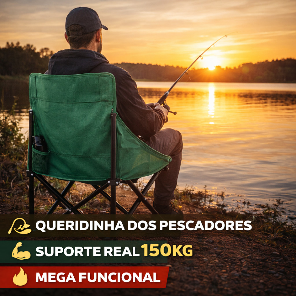 Cadeira Camping Pesca Dobrável Reforçada Até 150Kg Portátil Com Bolso Lateral Resistente Para Praia