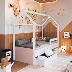 Cama Infantil Montessoriana Casinha 188x78cm com Proteção Lateral e Gavetas com Rodas Branco e Rosa