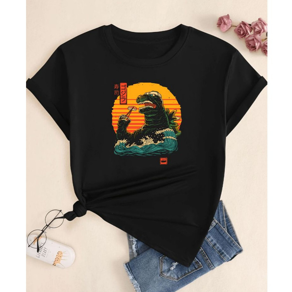 Camiseta T-shirt Premium LINDA Camiseta Unissex Godzilla Comendo Sushi Blusa Feminina Camisa Algodão Masculino Estampado