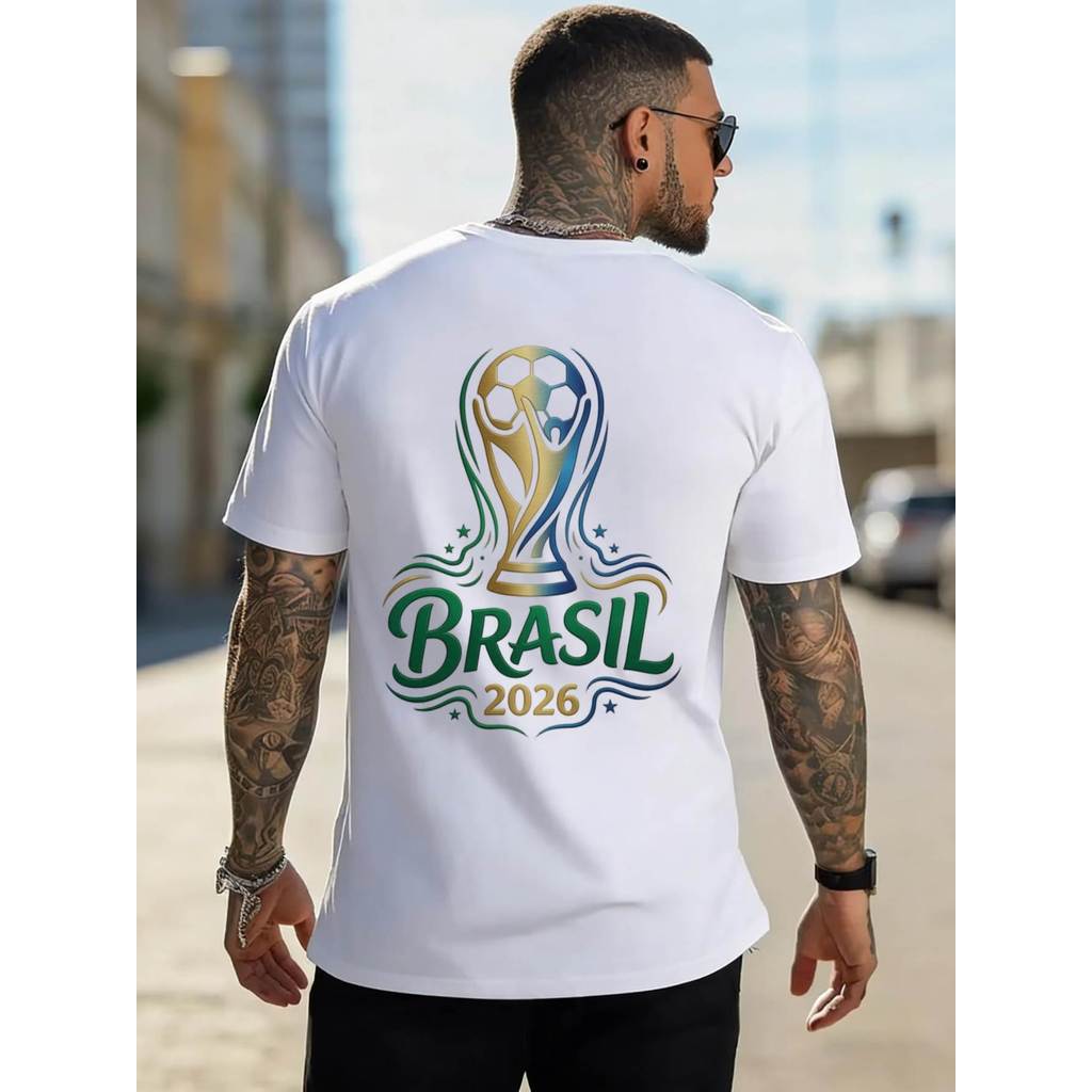 Camiseta Masculina de Algodão para o Verão  Casual, Troféu da Seleção Brasileira 2026
