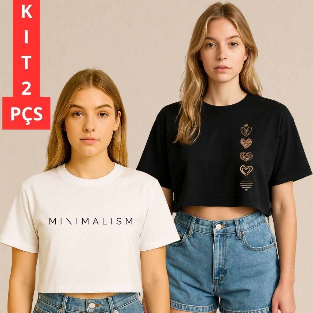 Cropped Feminina Oversized Kit 2 Algodão Confortável Casual Básica Larguinha Estampa Minimalista