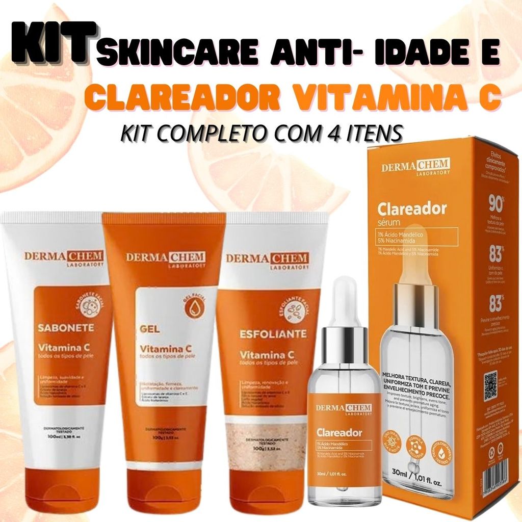Kit 4 Itens Skincare Vitamina C Dermachem Clareador, Anti-idade, Anti-manchas Pele Iluminada em Oferta na Shopee