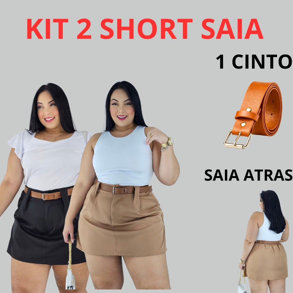 Kit 2 Short Saia Plus Size Alfaiataria Com Cinto Casual em Oferta na Shopee