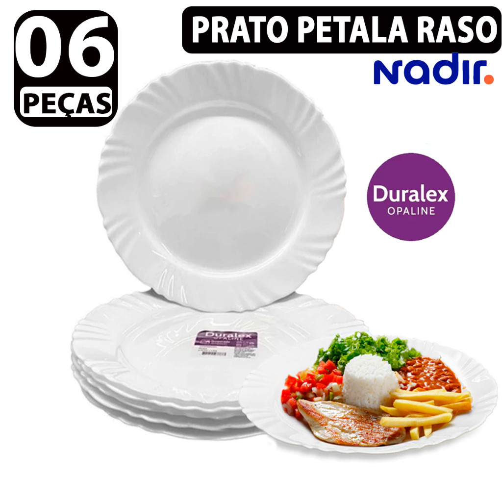 Kit jogo 06 Pratos Raso Nadir Duralex prato de Vidro Pétala Branco Opaline Jantar Redondo Resistente