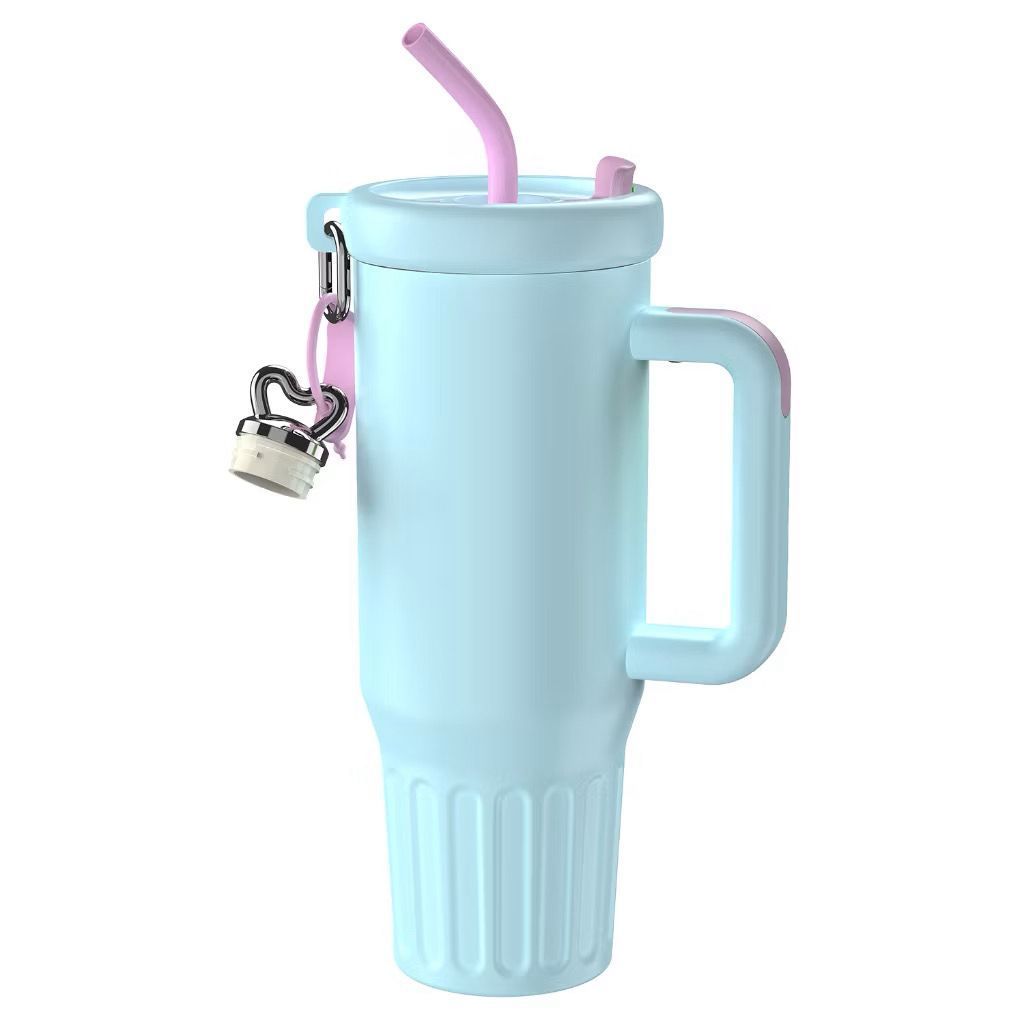 Copo Térmico 1200ml Com Canudo Material Inoxidável Tampa 2 Funções Alça Aberto Fechada
