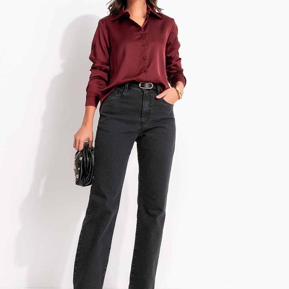 Calça Jeans Reta Preta Com Cintura Alta E Modelagem Estruturada Quintess