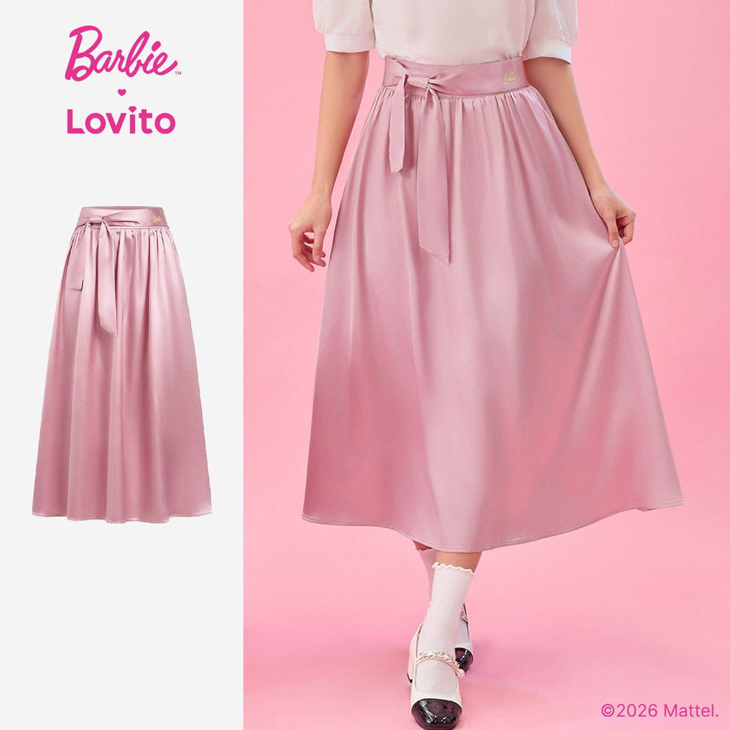 (New arrival) Barbie™ X Lovito Saia Casual Laço Frontal Babado Bainha Primavera/Verão Rosa Mulheres SKBL2PAD048 em Oferta na Shopee