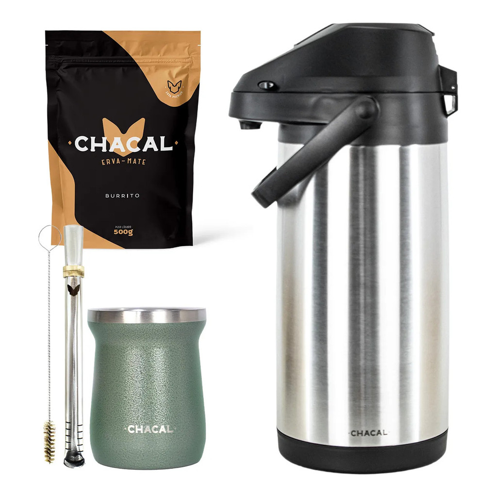 Kit Tereré Chacal Copo Verde Bomba Garrafa Térmica Inox 4l E Erva