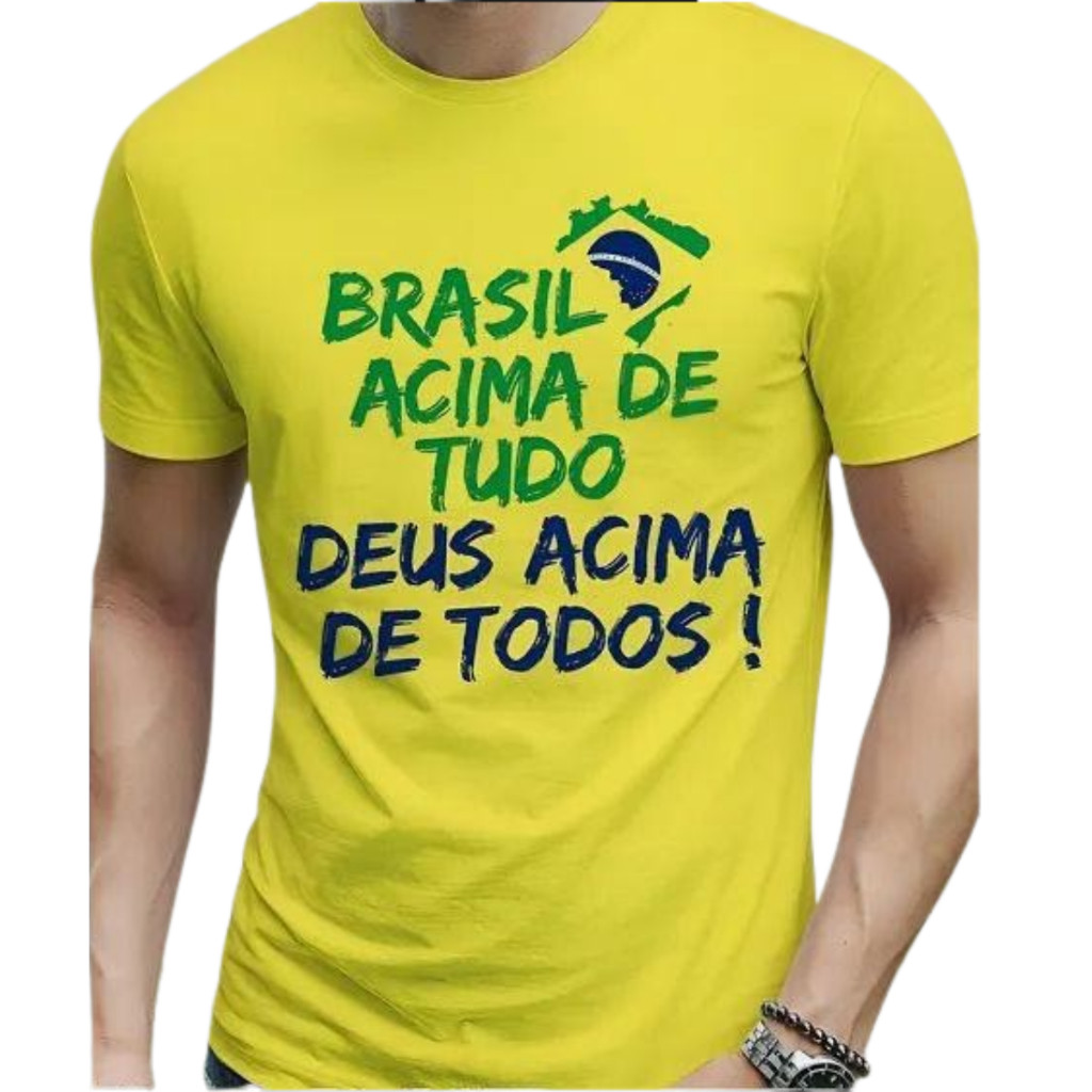 Camisa Brasil Acima De Tudo Militar Masculina Bolsonaro País Pátria Verde e Amarelo Patriota Estampas em DTF.