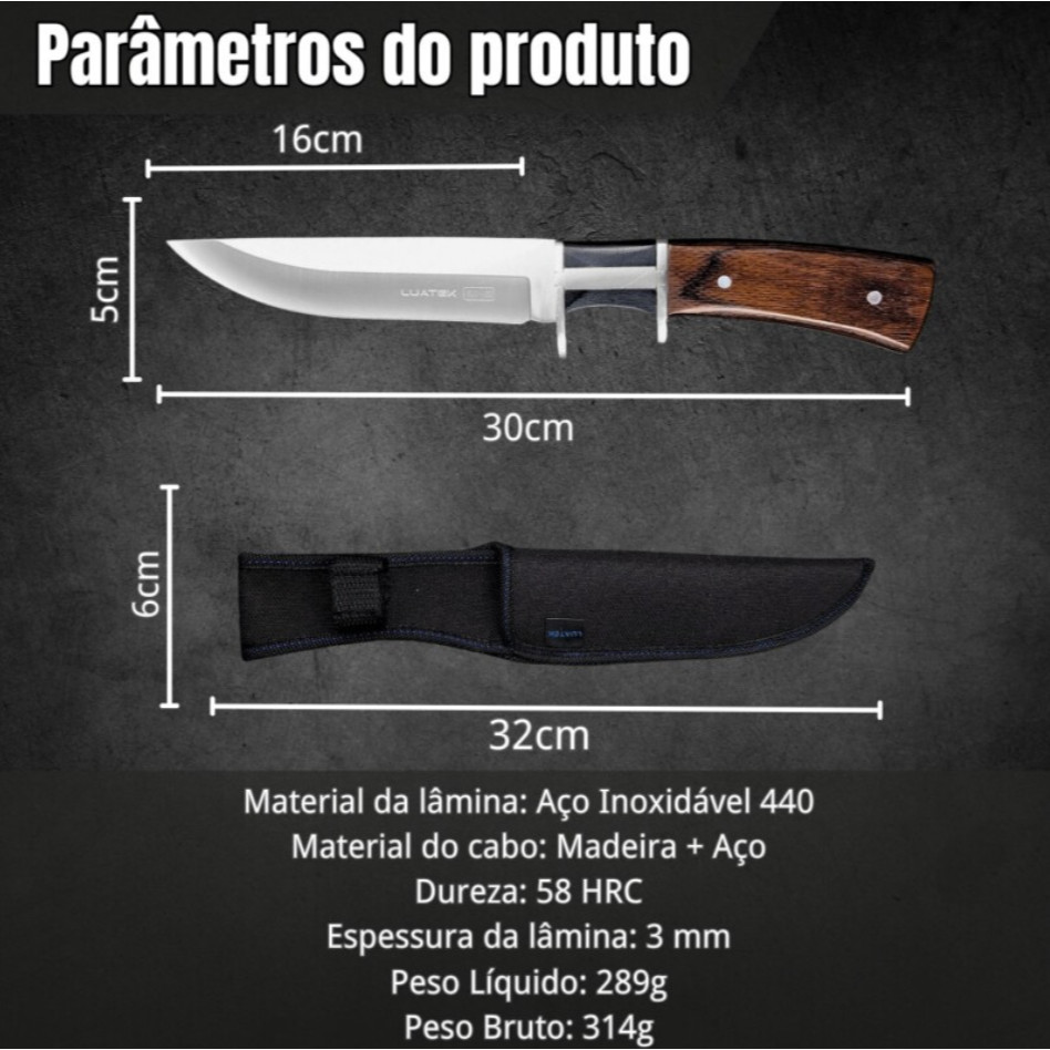 Faca de Caça e Pesca Full Tang 30cm em Aço 440 e Cabo de Madeira com Guarda de Aço + Bainha de Nylon Resistente