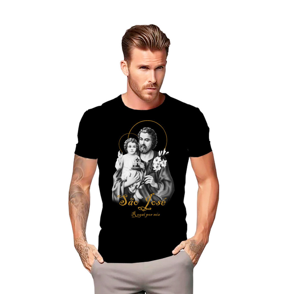 Camiseta Unissex em Algodão Unissex São José Rogai Por Nós Preta Lançamento Camisa Premium Postagem Imediata