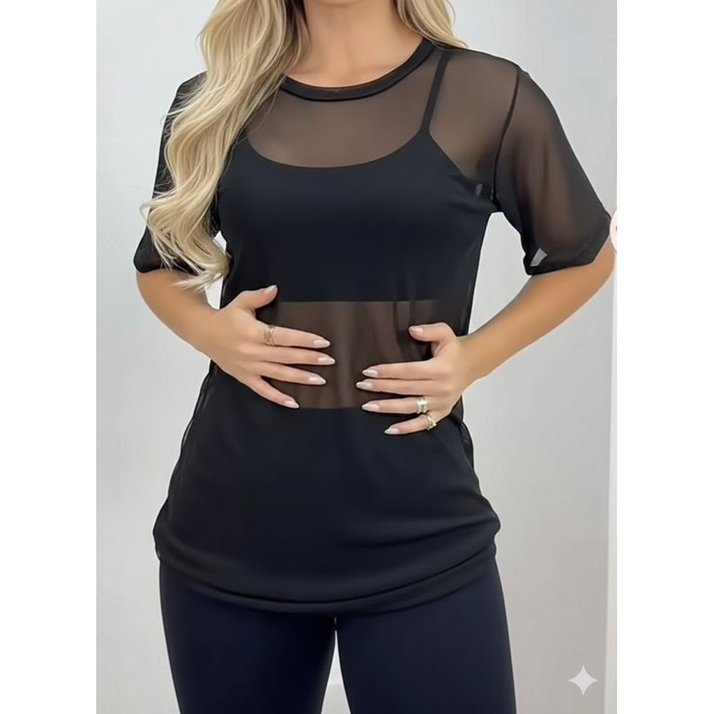 blusa feminina tecido tule para academia exercício ginástica manga curta top linda