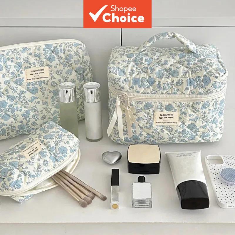  Bolsa de Maquiagem Feminina Azul Floral em Algodão – Necessaire Grande para Cosméticos, 1 Unidade