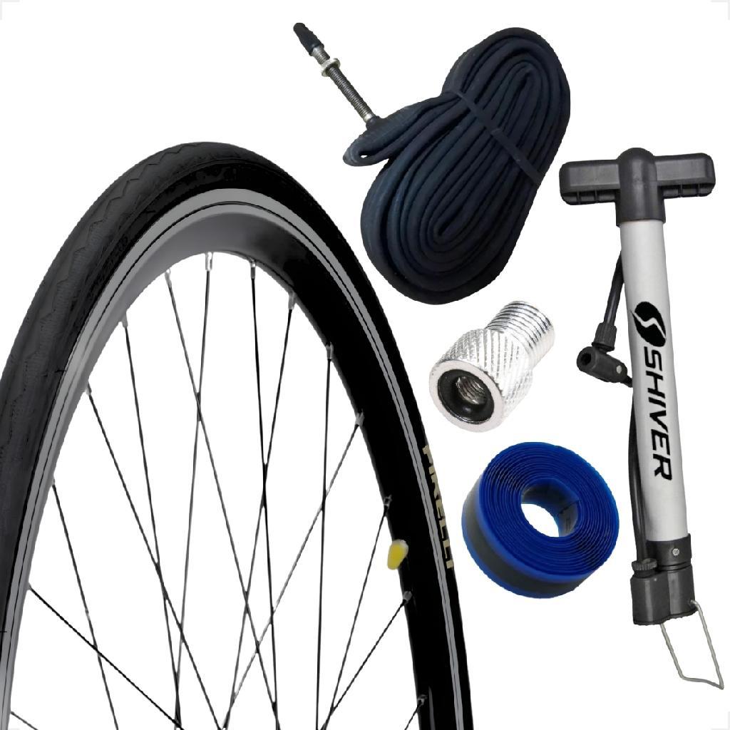 Pneu Bicicleta Pirelli Tornado Alfa 700 X 25 Camara Bico fino 60mm Bomba de ar adaptador antifuro