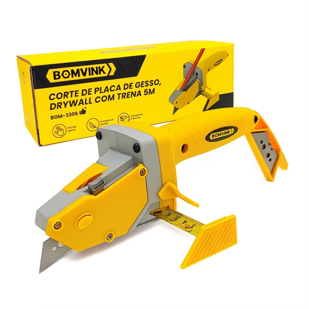 Cortador De Gesso Drywall Com Trena 5m Guia De Corte + 5 Lâminas Profissional