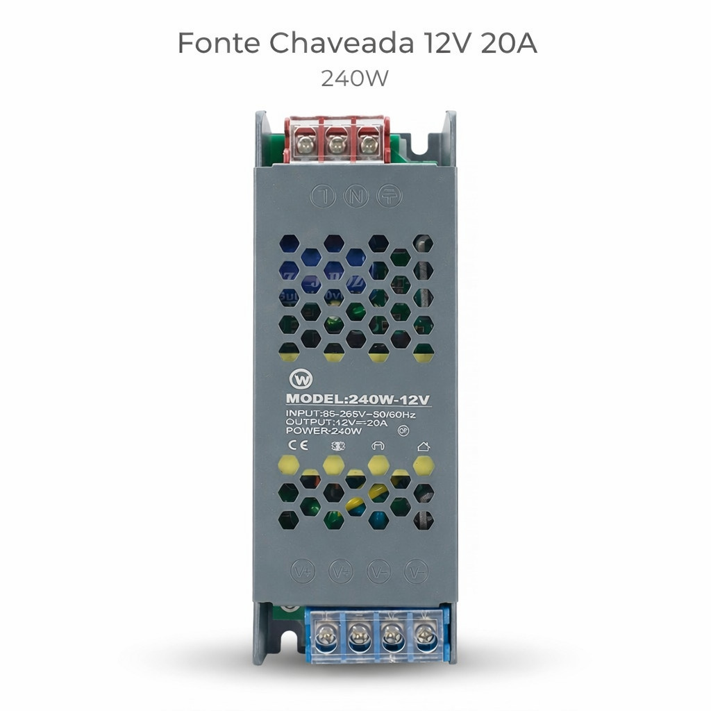 Fonte Chaveada 12V 20A 240W Chave Seletora 110/220V Para CFTV Fita LED Som Automotivo