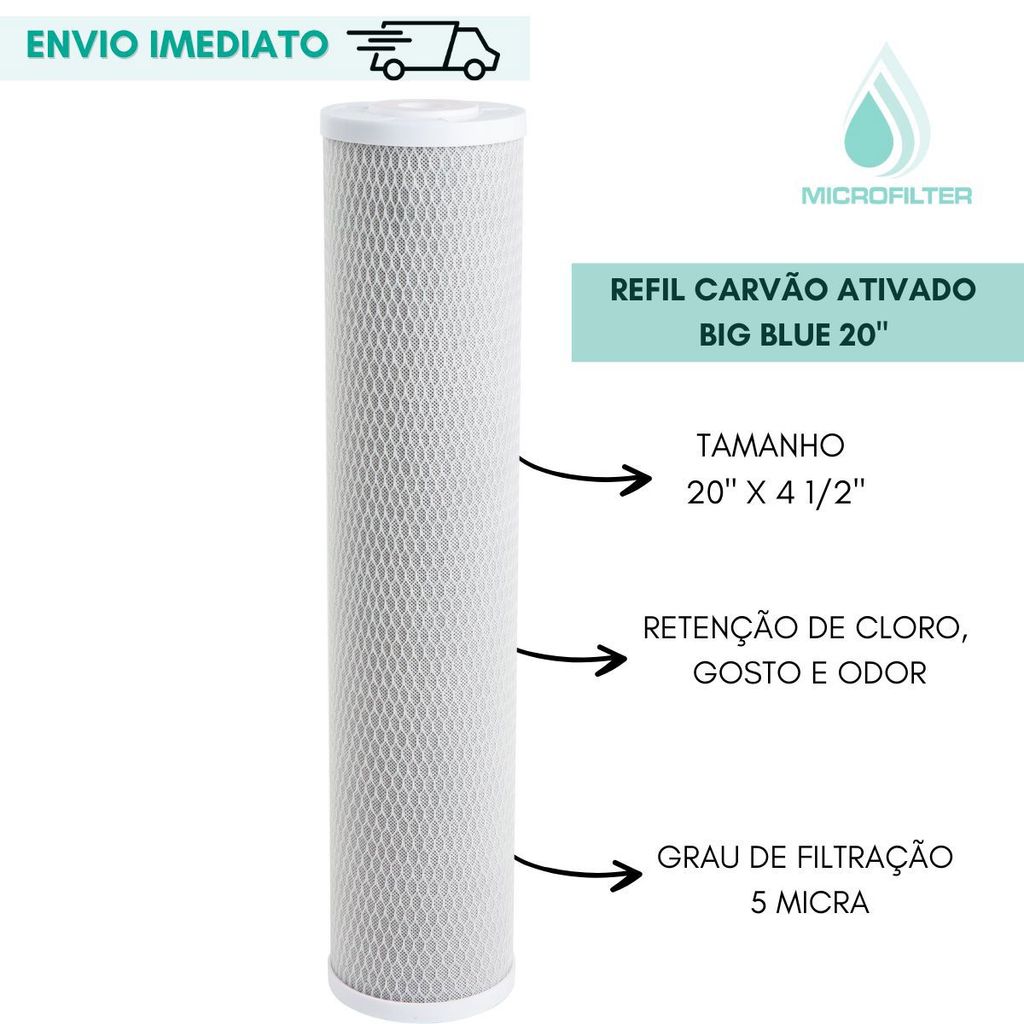 Refil Filtro Carvão Ativado Carbon Block 20'' Big Blue Retira Cloro e Odor da Agua Alta Alta Vazão
