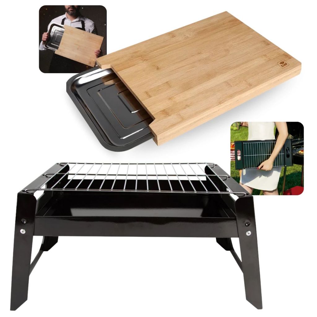 Kit Churrasqueira Portátil Churras To Go Mor + Tábua de Carne Corte 40cm Bambu e Gaveta Inox