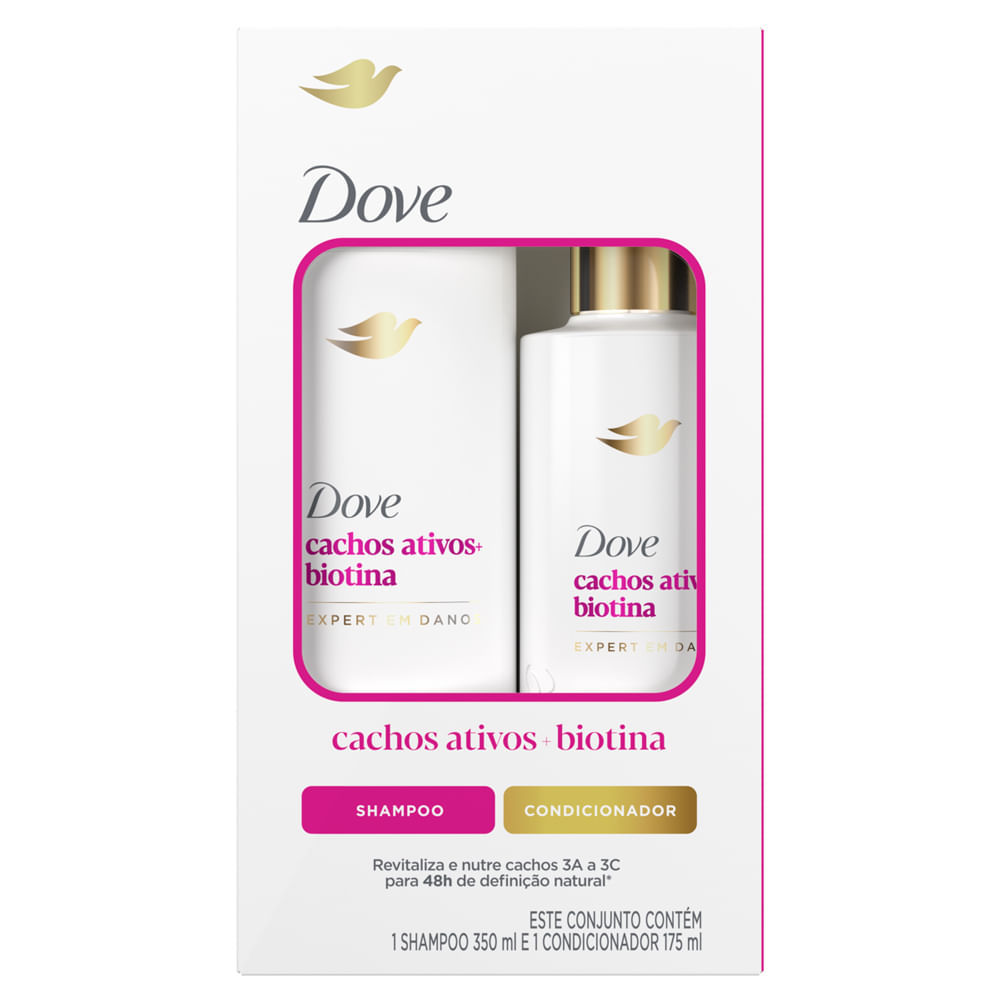 Kit Dove Cachos Ativos e Biotina Expert em Danos Shampoo 350ml e Condicionador 175ml em Oferta na Shopee