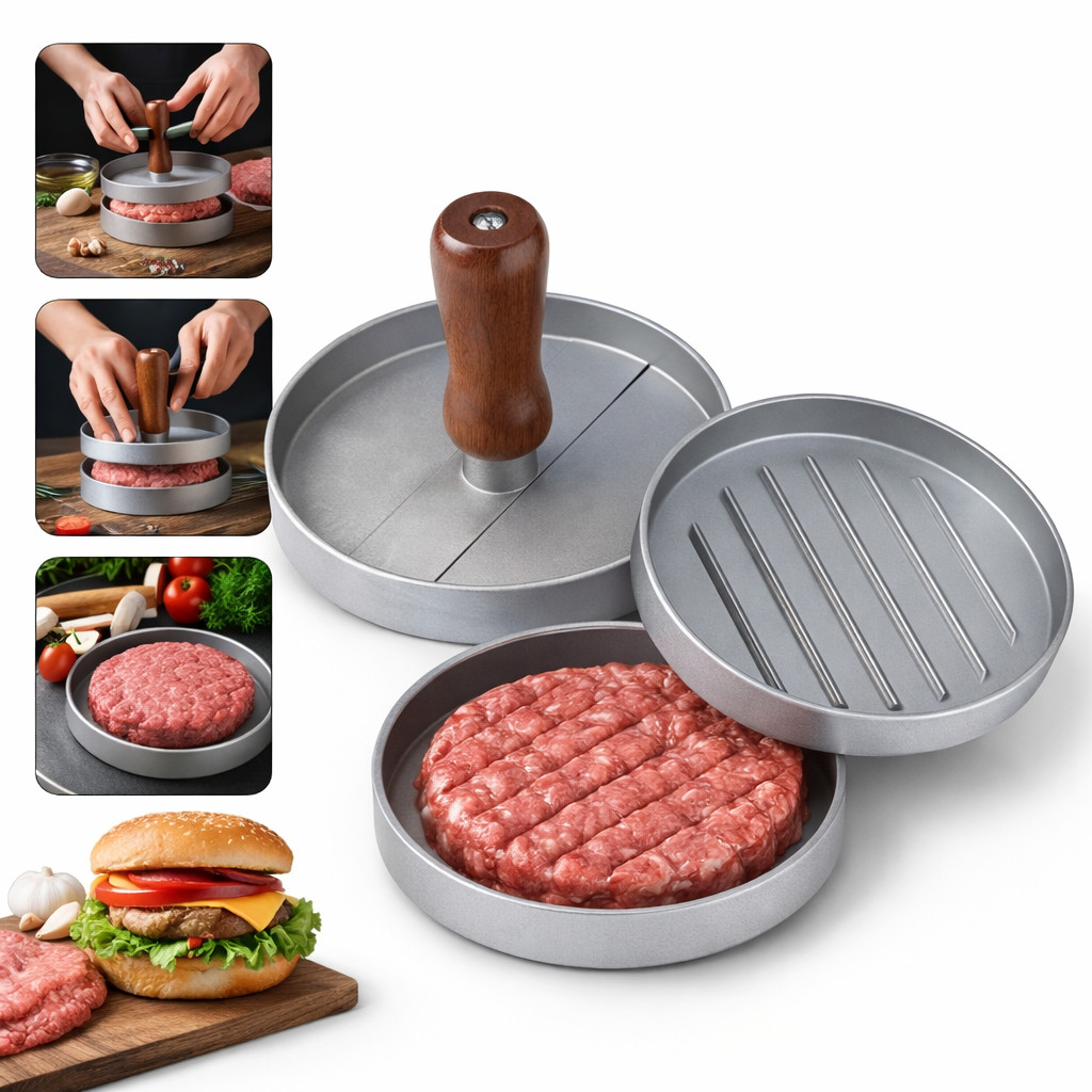 Forma Modeladora de Hambúrguer Molde Prensa Carne 3 em 1 Divisória Rigideira Antiaderente Fazer Hambúrguer Caseiro Fácil