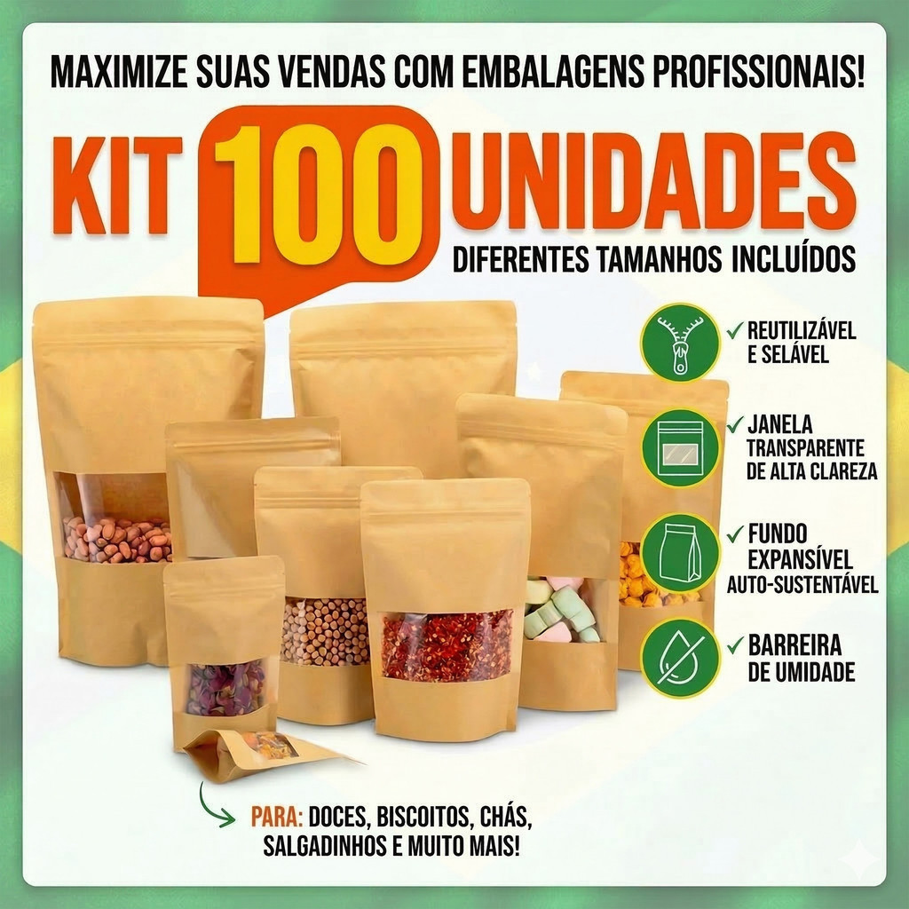 100 Unidades Saco Para Biscoito, Embalagem Para Doces, Saco Stand Up Pouch Kraft Com Visor Zip Lock Saquinho Zip Lock