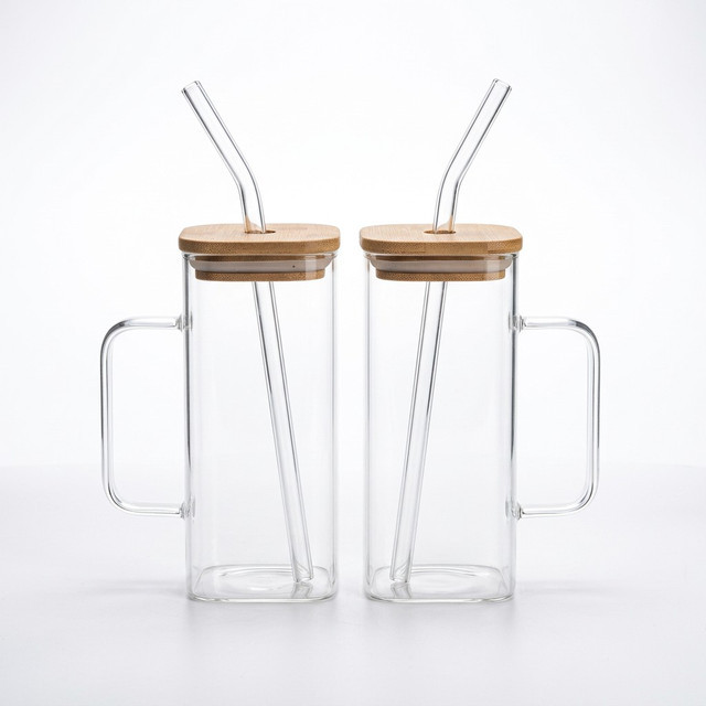Kit 2 Canecas de Vidro Quadrada com Canudo e Tampa de Bambu 380ml Copo Borossilicato Hermético Jogo