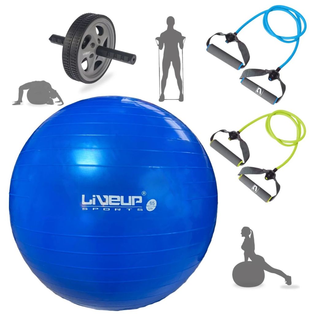 Kit Bola Suiça Pilates 65cm Anti Estouro com Inflador + Rodinha Abdominal + Elástico 2 Tensões