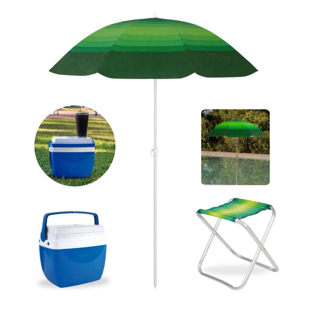 Kit Caixa Térmica 12 L Piscina + Guarda Sol Fashion Fps 70 1,50 M + Banqueta Praia Pesca Piquenique