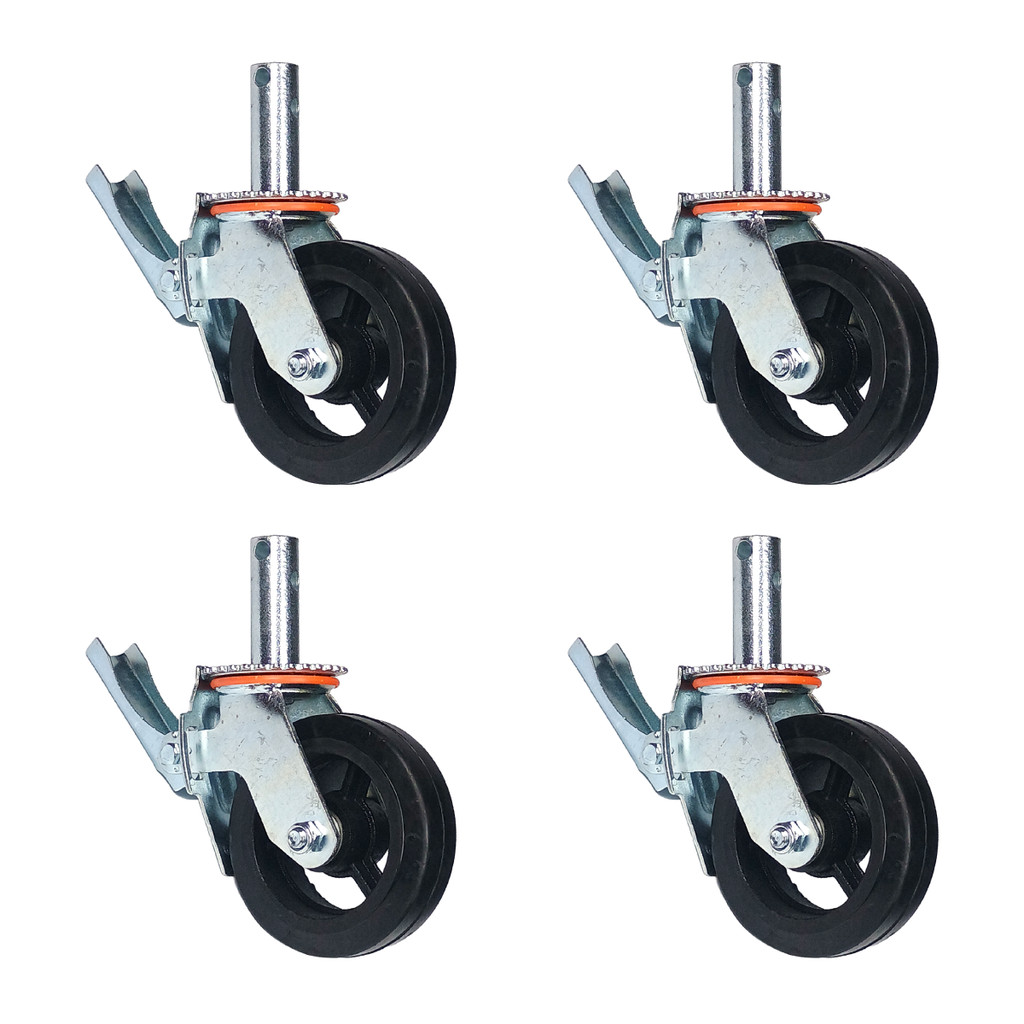 Kit 4 Rodízios Giratórios Roda Metálica Borracha Andaime 6" Trava Freio 1600 kg Reforçado Preto