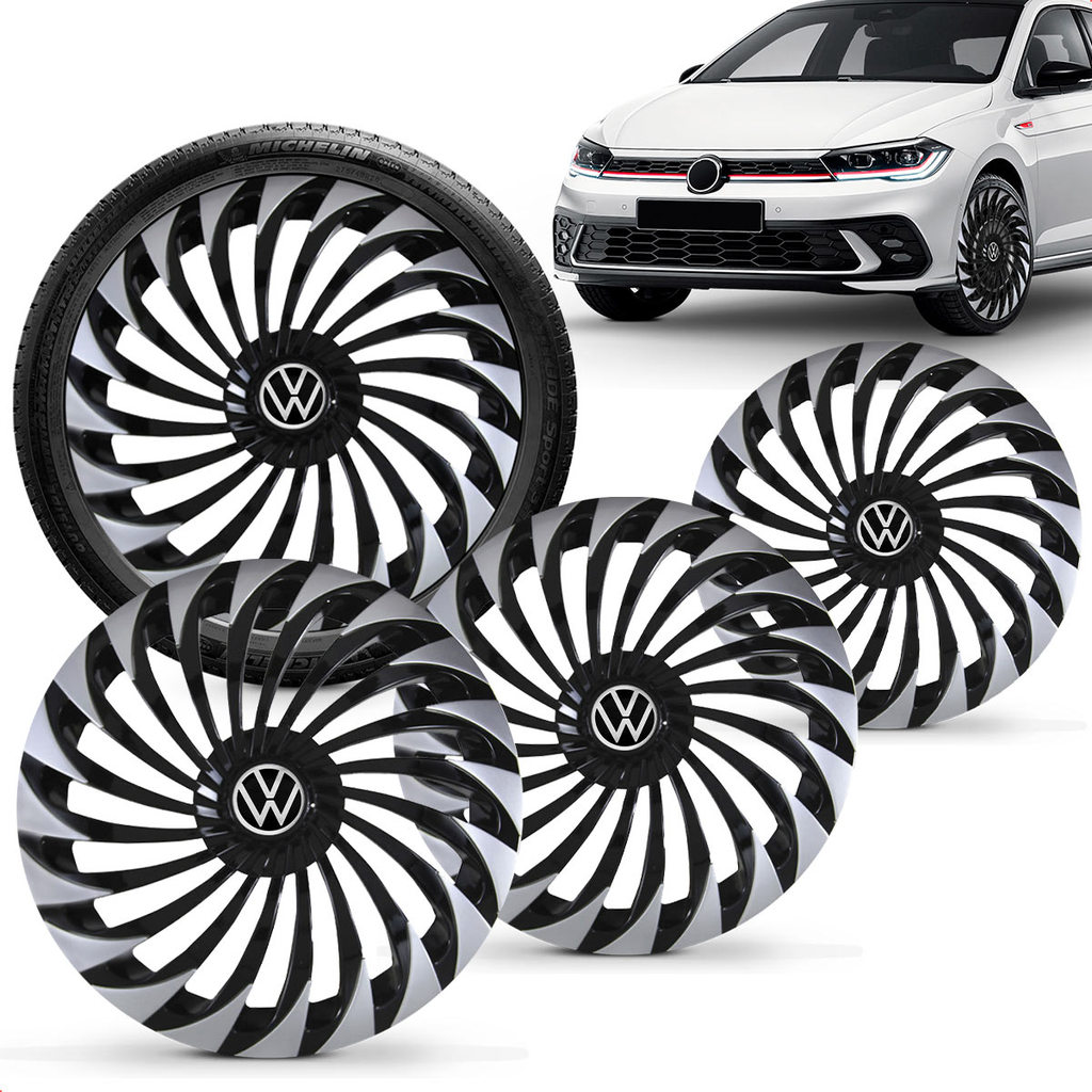 Jogo 4 Calotas Elitte 14" Twister Preto Prata Polo Track 2023 a 2025 com Emblema Resinado