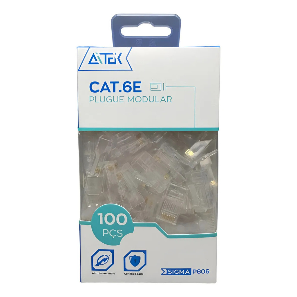 Conector De Rede Rj45 Macho Cat 6e Cat 6 Vazado Kit 100un Compativel com Cat 6e/ 6