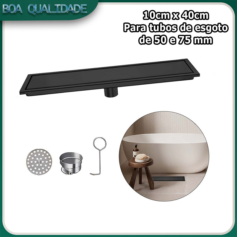 10x40cm Ralo linear para chuveiro ralo embutido ralo retangular de aço inoxidável para chuveiro com tela filtrante Preto