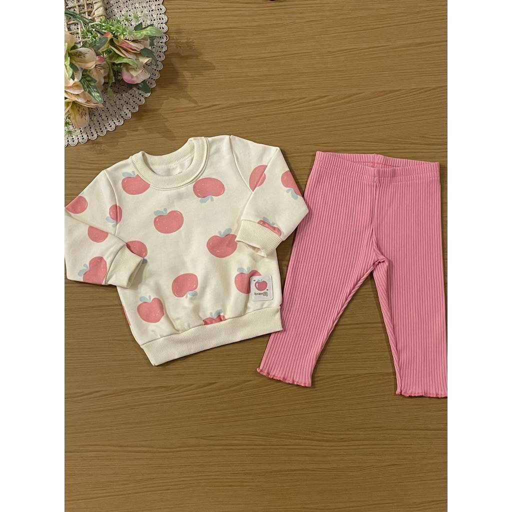 Conjunto Infantil Menina Brandili Inverno com Calça Legging e Moletom Flanelado Bege Maças