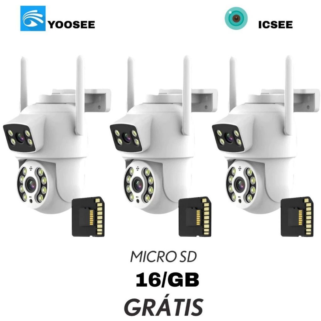 KIT3 Câmera de Segurança Wi-Fi 360° Lente Dupla IP66 Sensor de Movimento Visão Noturna + Cartão MicroSD 16GB