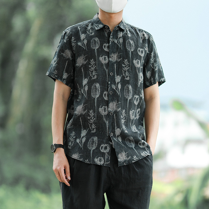 [Venda quente] Camisa solta de manga curta masculina Casual estampada moda estilo fino camisa bonita masculina [envio rá