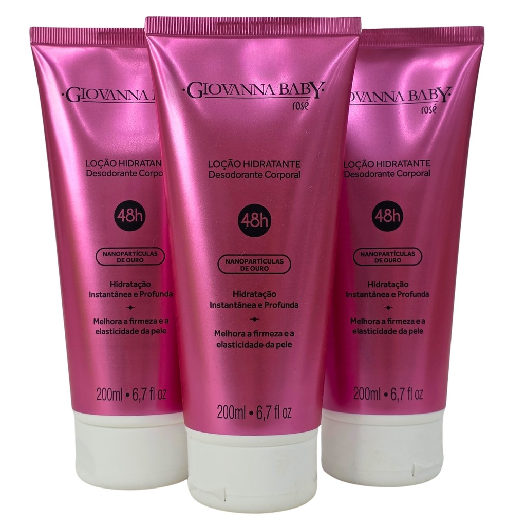 Kit 3 Loção Hidratante Corporal Nanopartículas De Ouro Rosé 48h Vegano Giovanna Baby