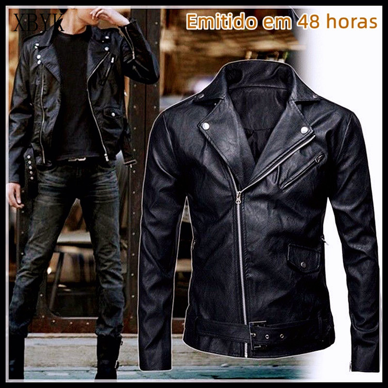 Jaqueta de Couro Slim Fit Masculina / Jaqueta de Motociclista com Zíper / Casaco Casual para Primavera/Outono/Inverno HJ